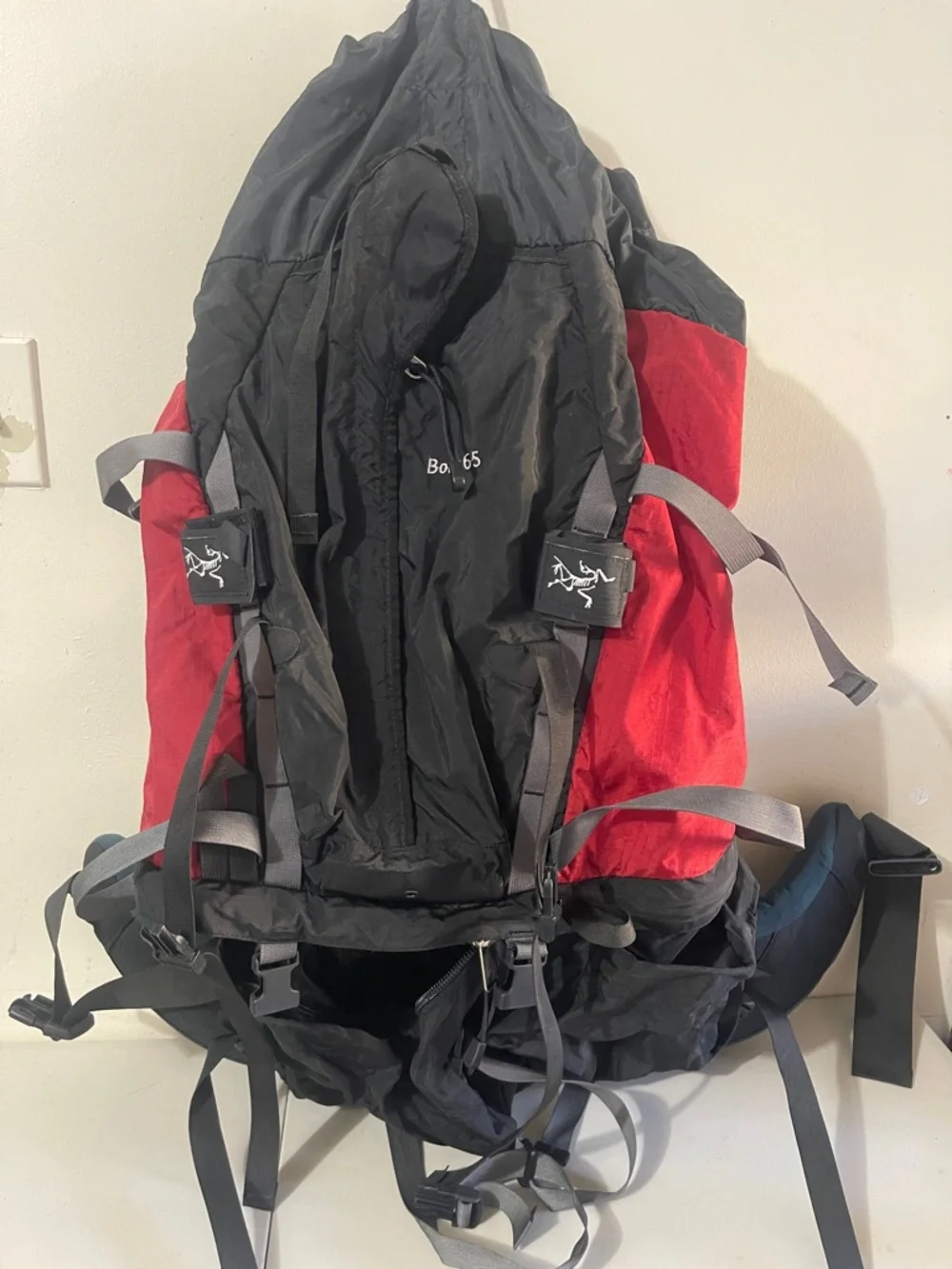 Arc'teryx Black and Red Backpack with Gray Straps